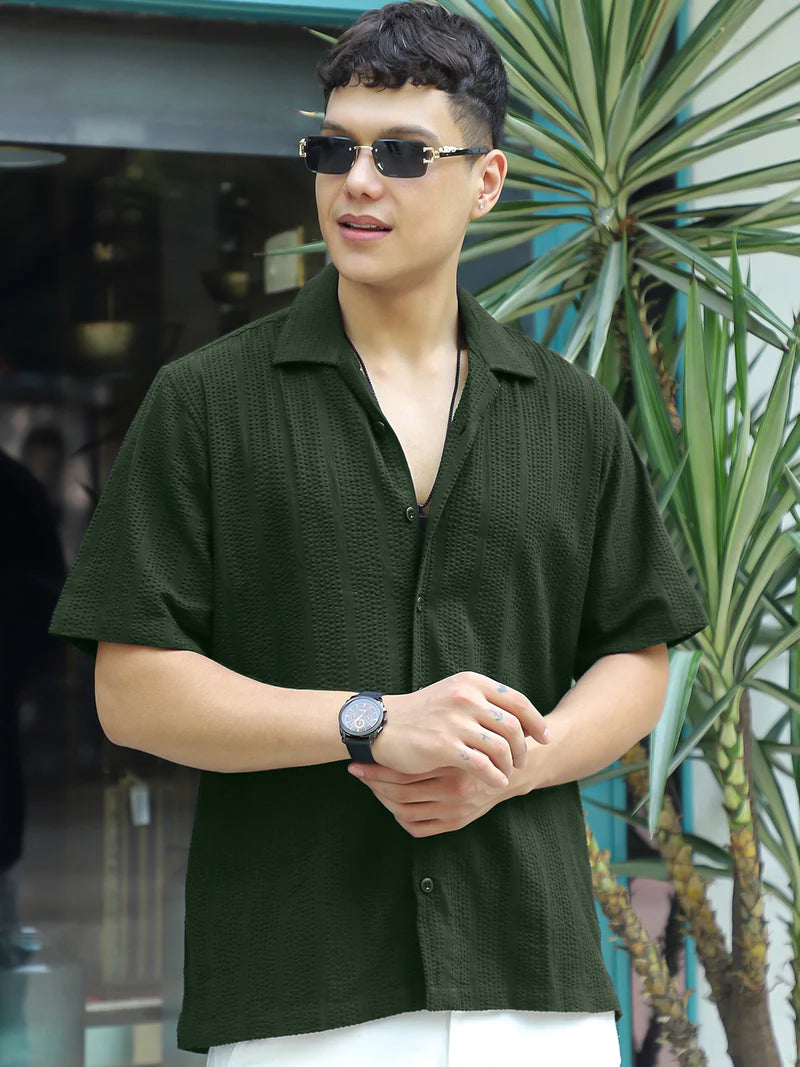 Solven Textured Olive Green Half Sleeve Shirt