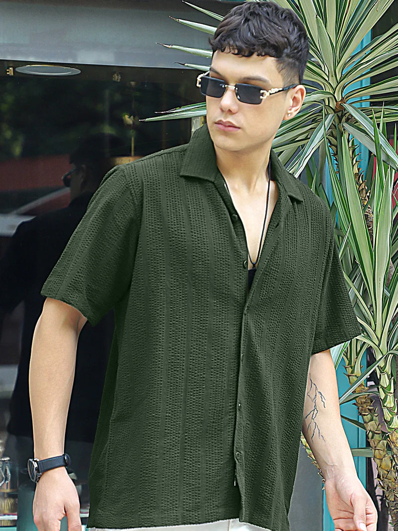 Solven Textured Olive Green Half Sleeve Shirt