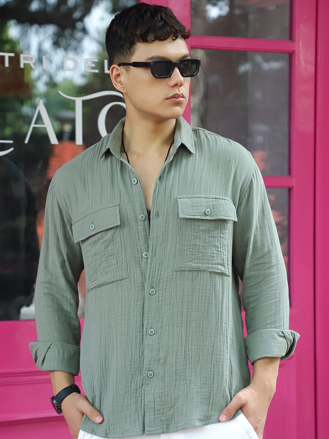 Vero Vibe Lucas Double Clothe Sage Green Shirt