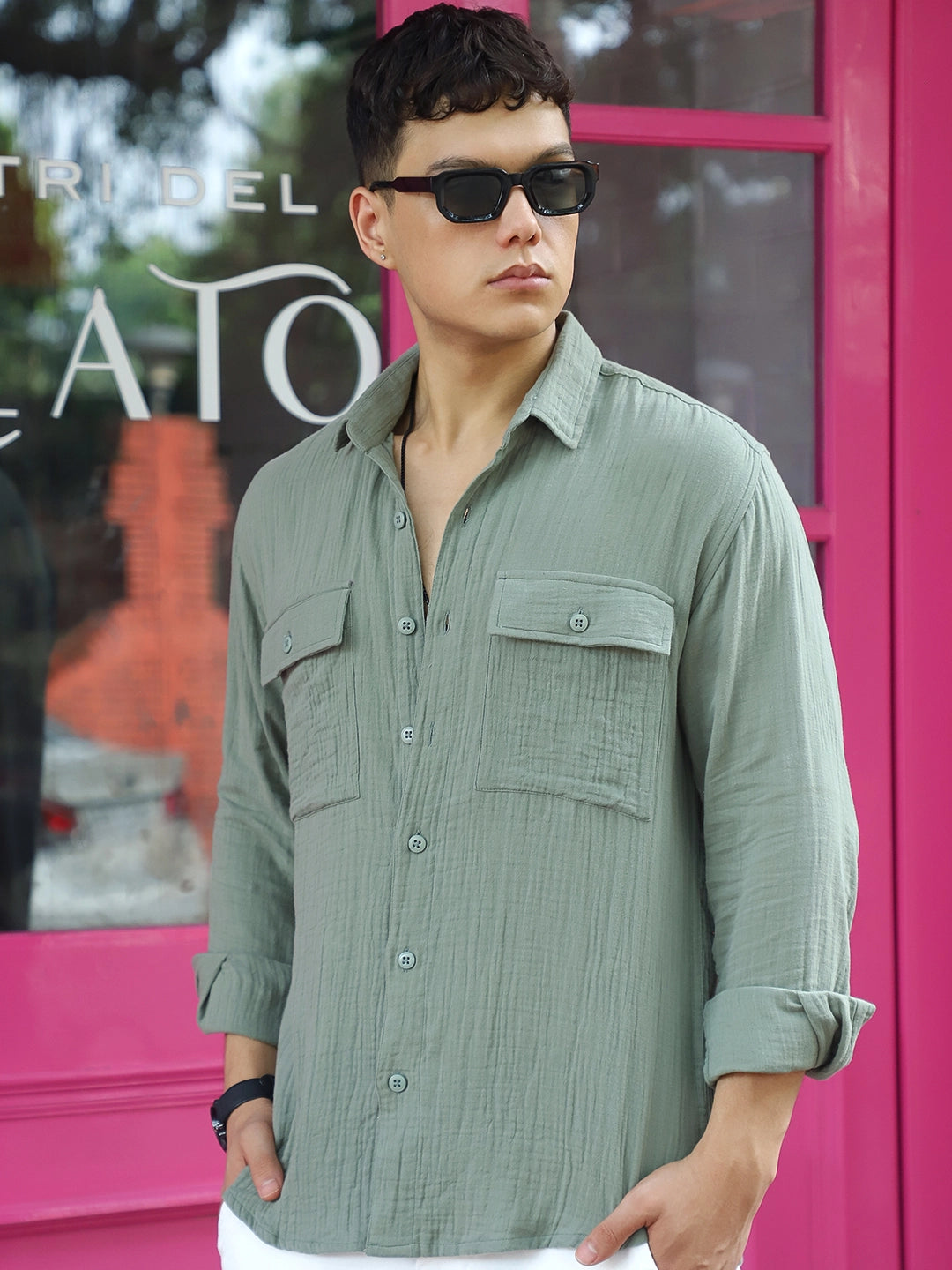 Vero Vibe Lucas Double Clothe Sage Green Shirt