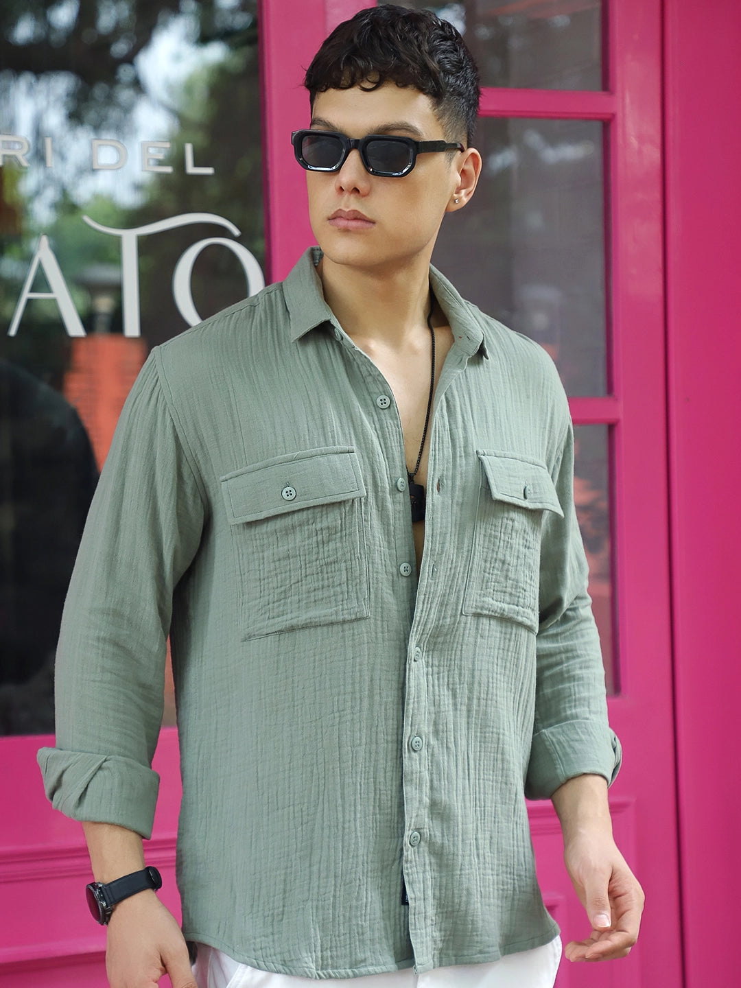 Vero Vibe Lucas Double Clothe Sage Green Shirt