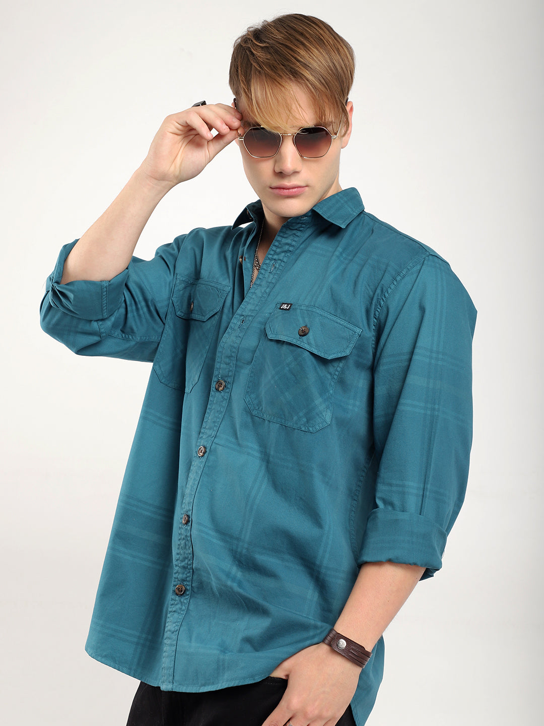 Scarlet Draying Washed Teal Check Full Sleeve Shirt