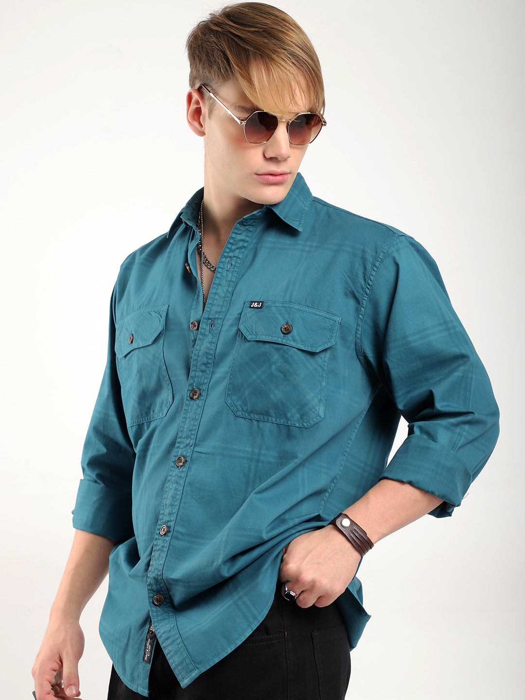 Scarlet Draying Washed Teal Check Full Sleeve Shirt