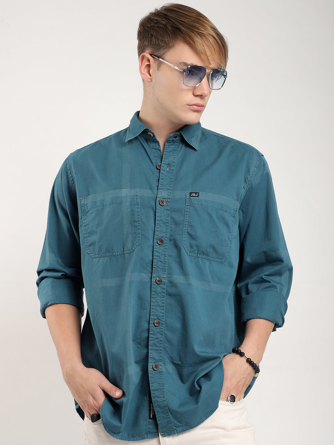 George Draying Washed Teal Check Full Sleeve Shirt