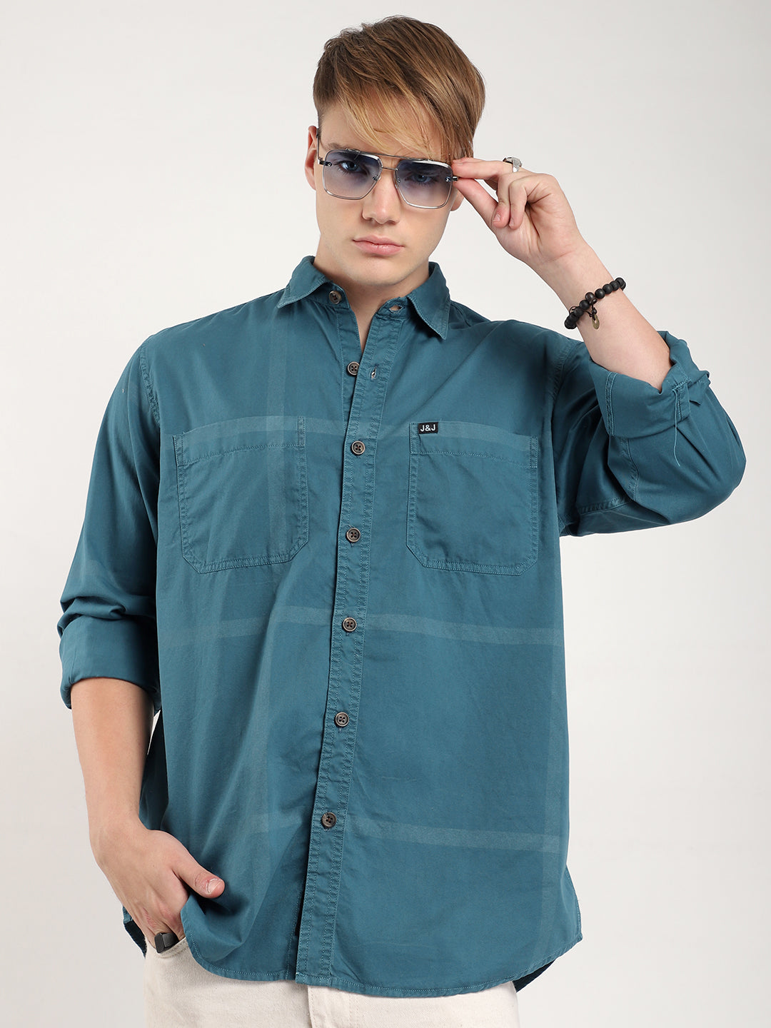 George Draying Washed Teal Check Full Sleeve Shirt