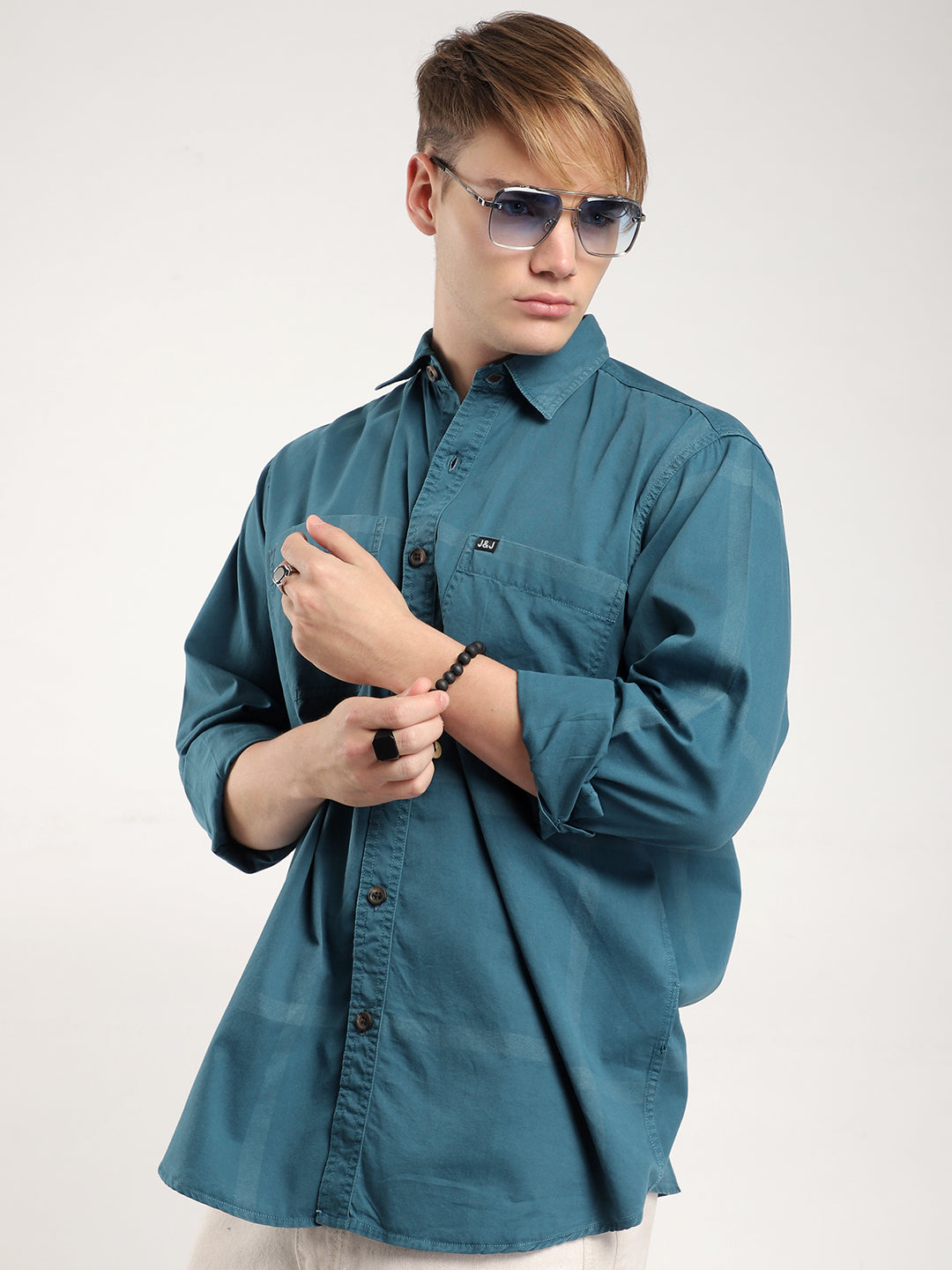 George Draying Washed Teal Check Full Sleeve Shirt