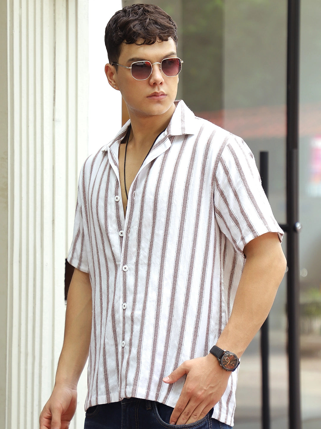 Monsoon Mood Brown Stripe Half Sleeve Shirt