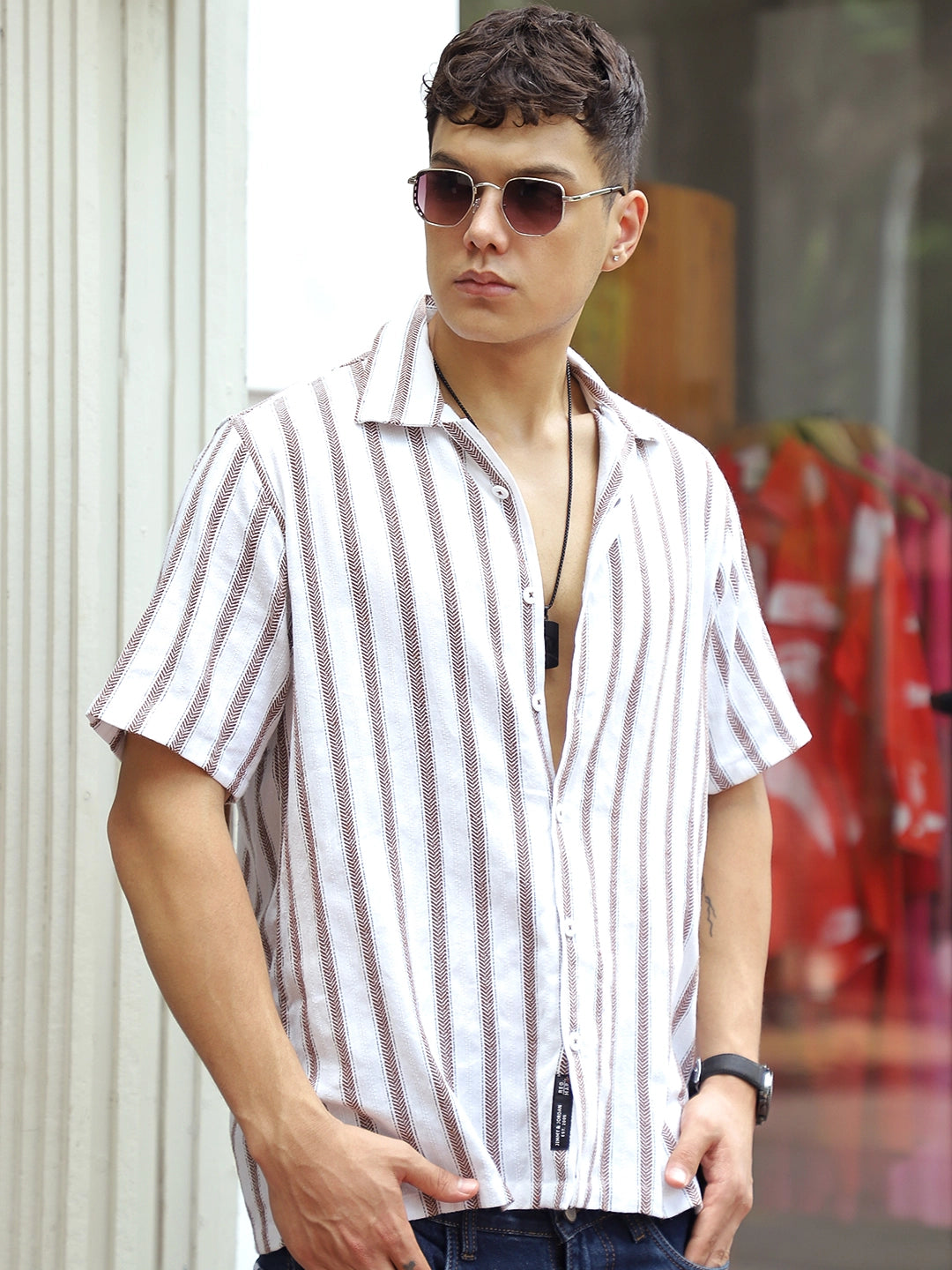 Monsoon Mood Brown Stripe Half Sleeve Shirt