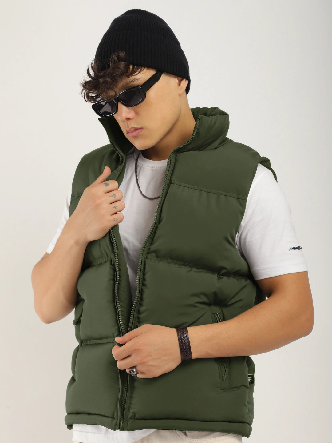 Quilted Gilet Cut Sleeves Green Puffer Jacket