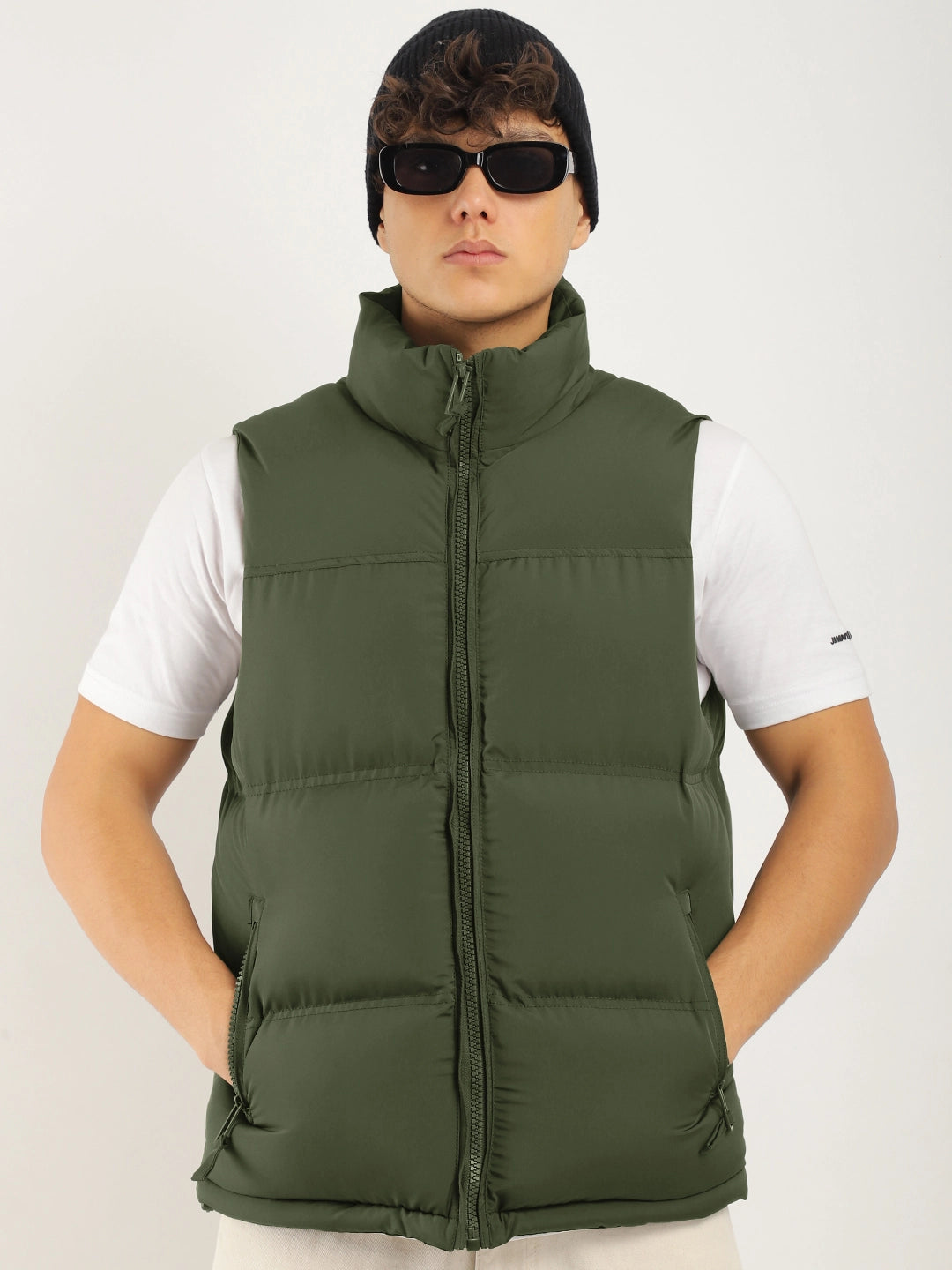 Quilted Gilet Cut Sleeves Green Puffer Jacket