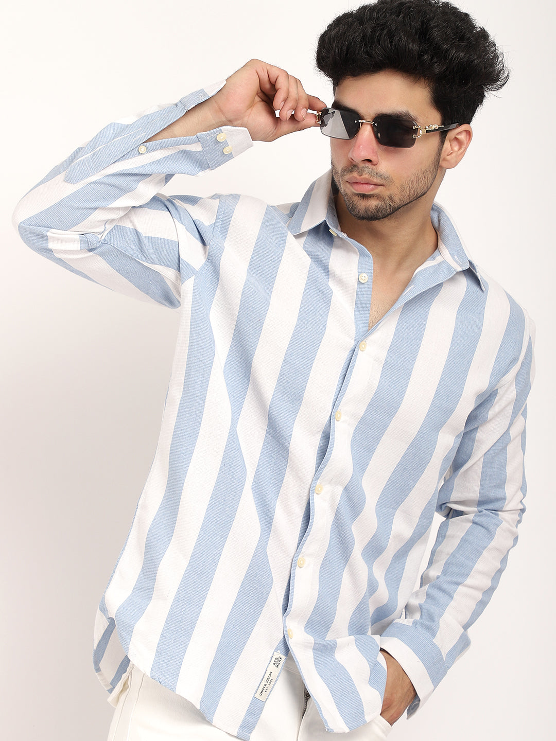 Oaken Espresso Sky Blue Stripe Linen Shirt