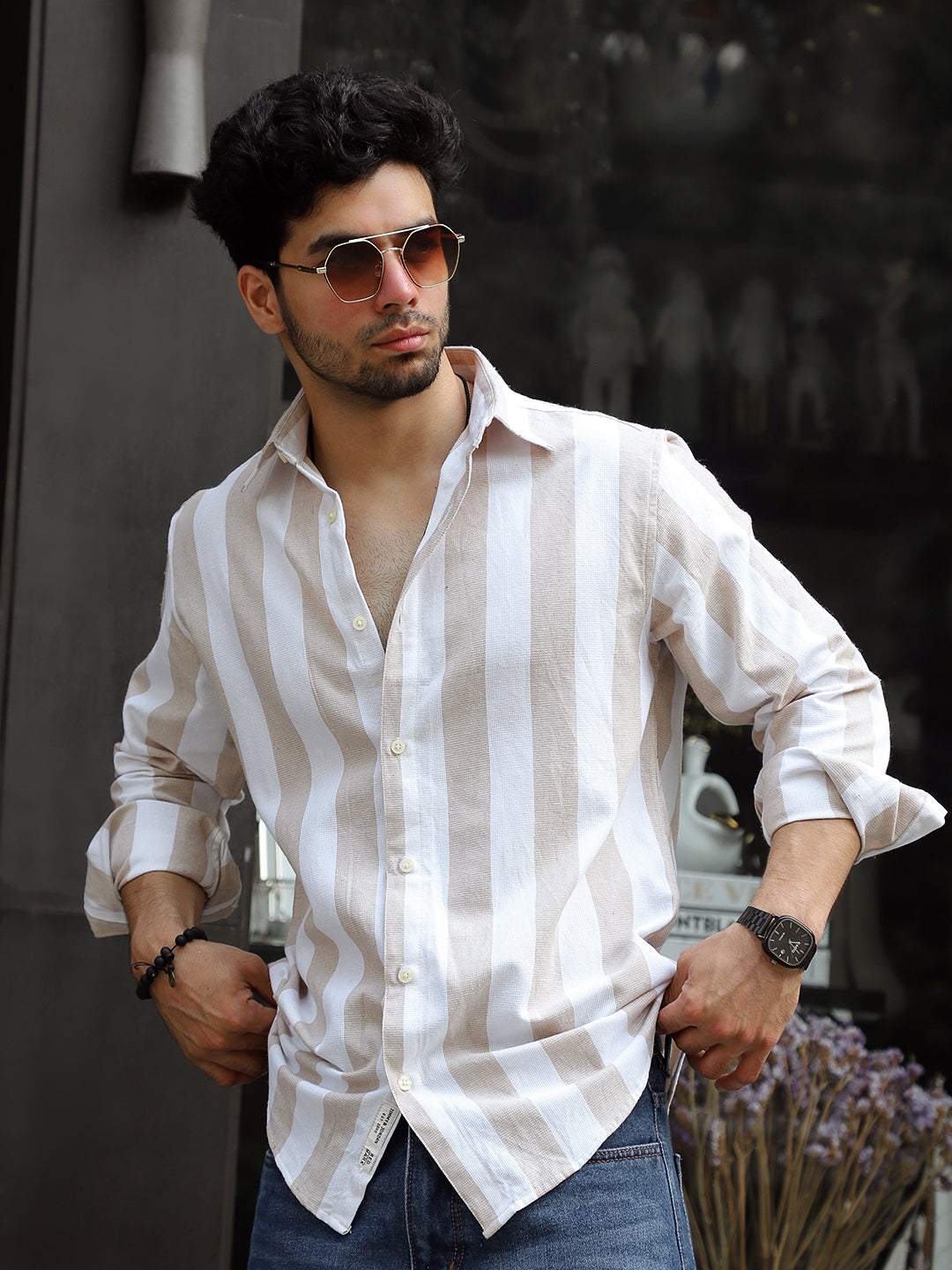 Oaken Espresso Brown Stripe Linen Shirt