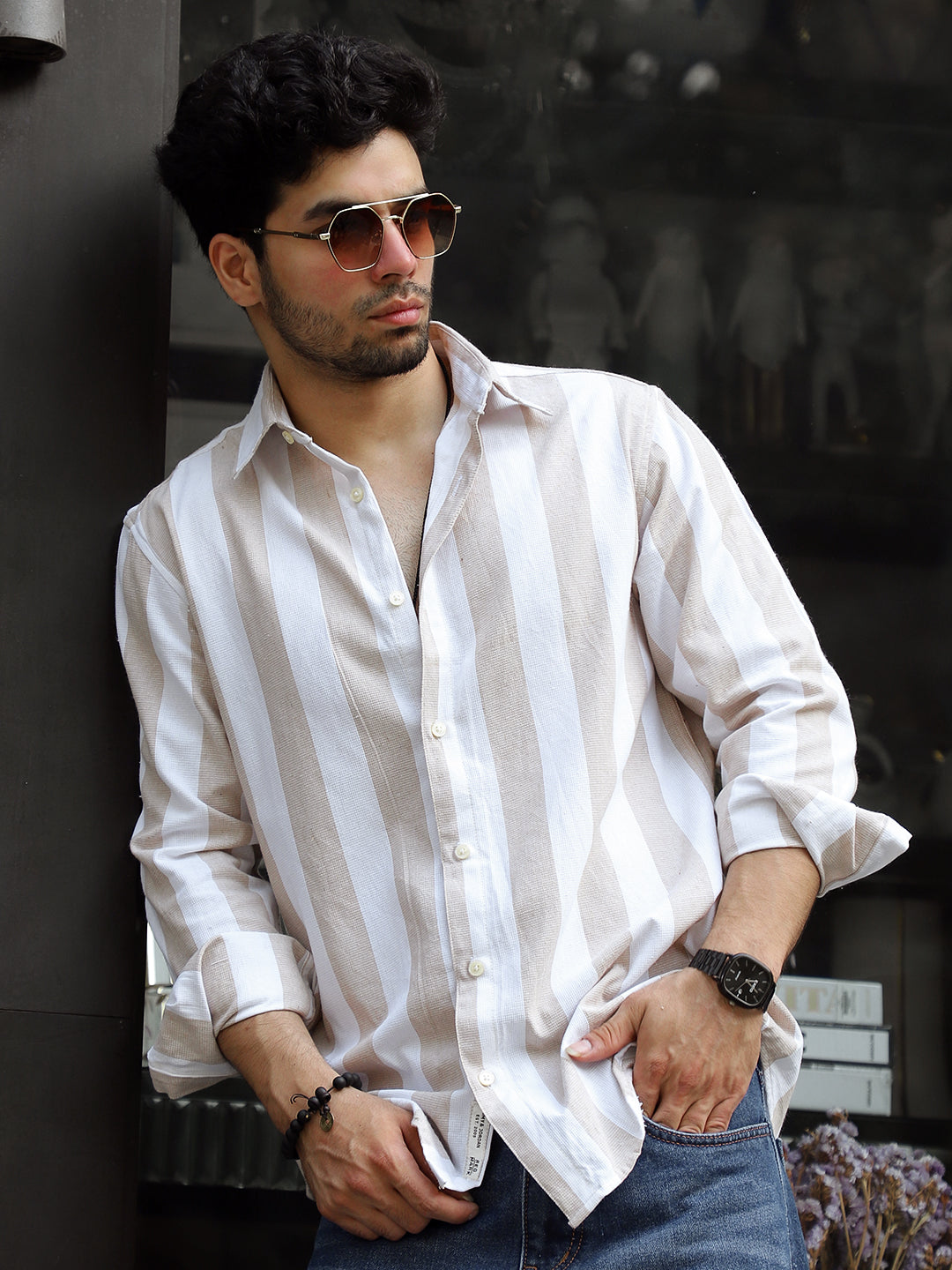 Oaken Espresso Brown Stripe Linen Shirt
