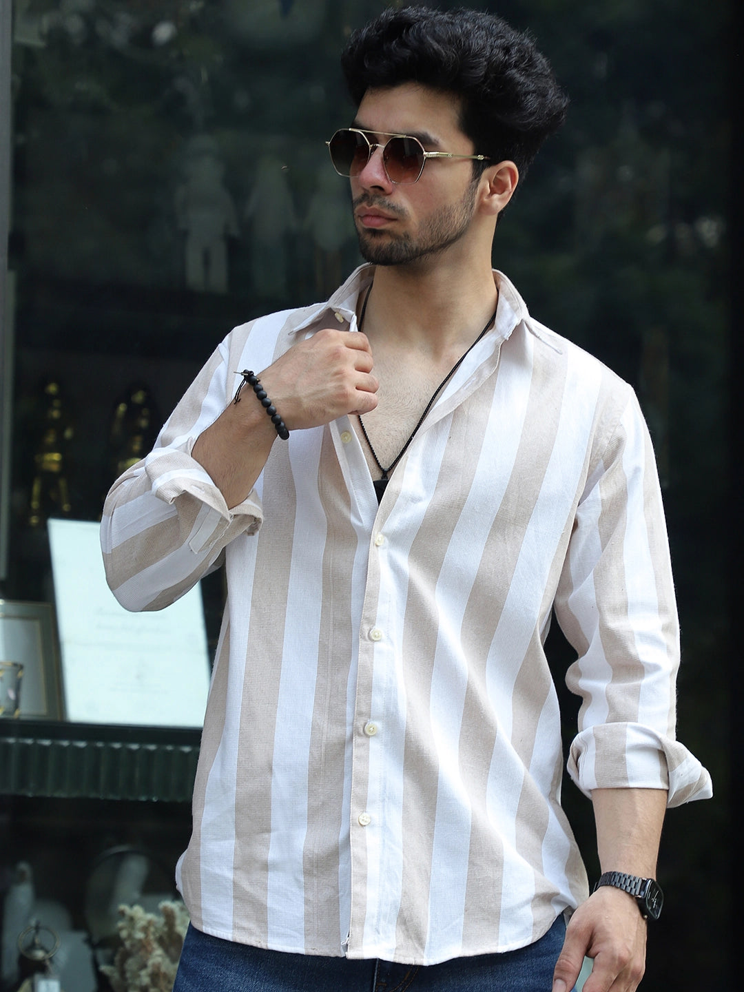 Oaken Espresso Brown Stripe Linen Shirt