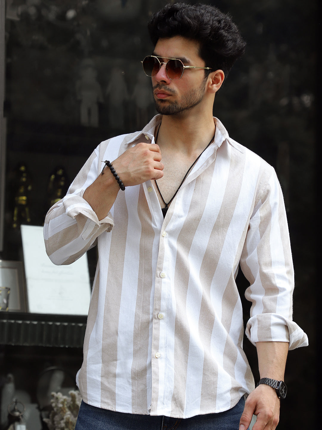 Oaken Espresso Brown Stripe Linen Shirt
