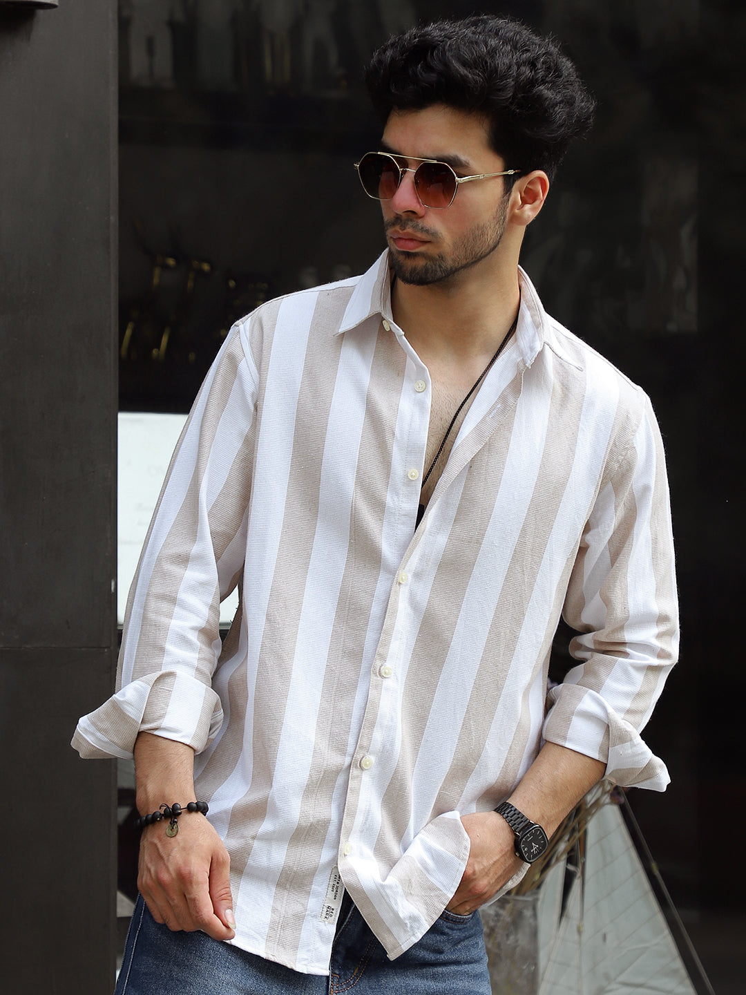 Oaken Espresso Brown Stripe Linen Shirt