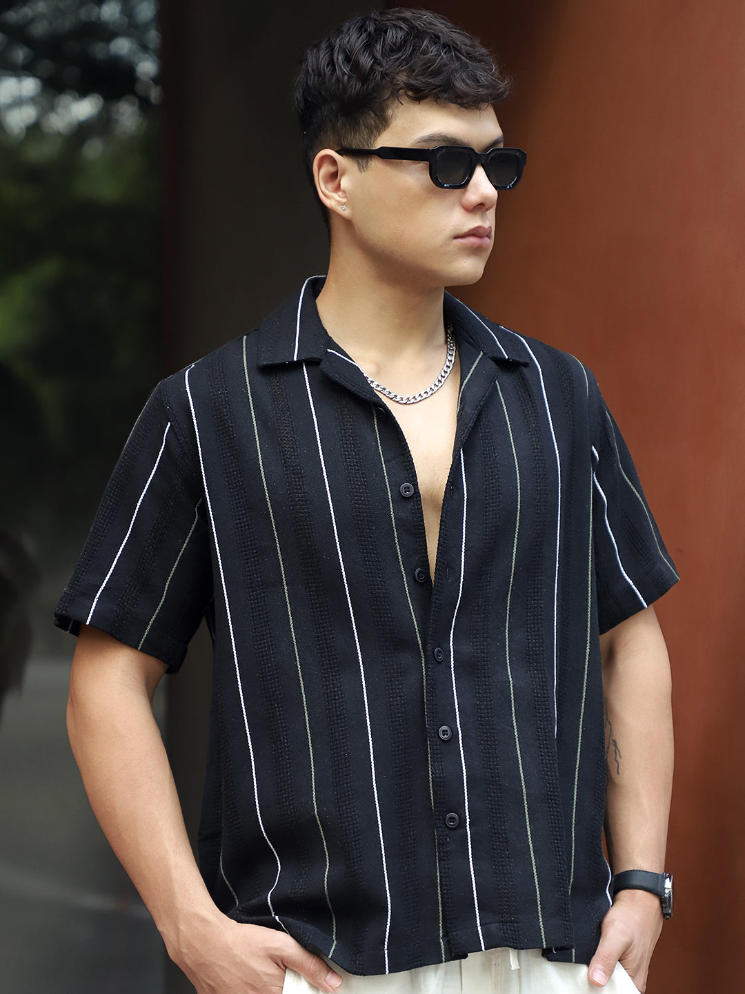 Offbeat Linen Black Half Sleeve Stripe Shirt