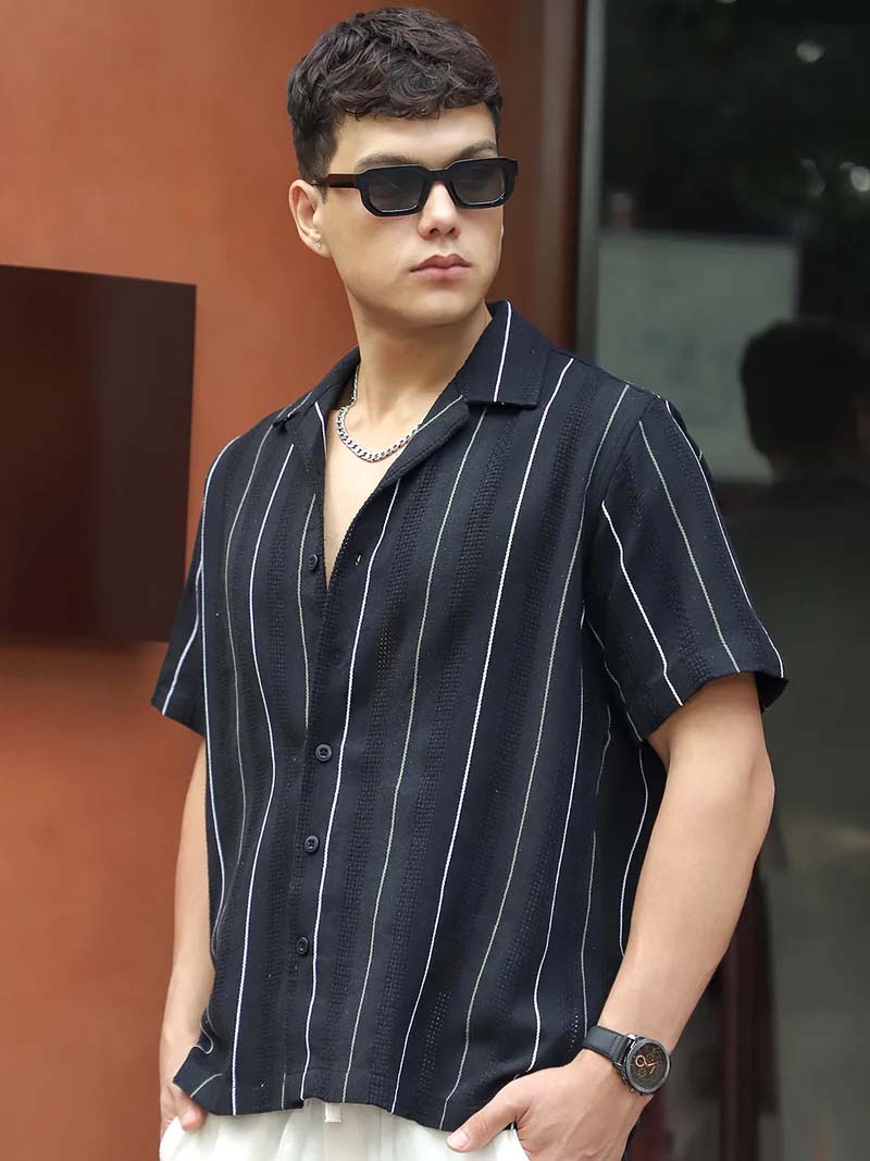 Offbeat Linen Black Half Sleeve Stripe Shirt