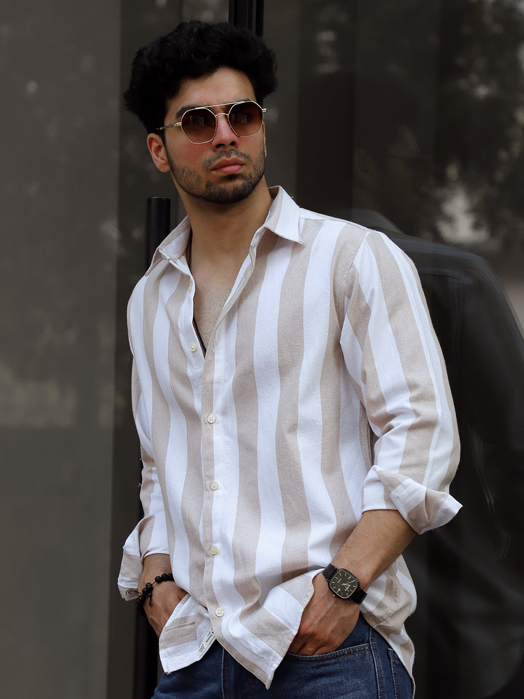 Oaken Espresso Brown Stripe Linen Shirt