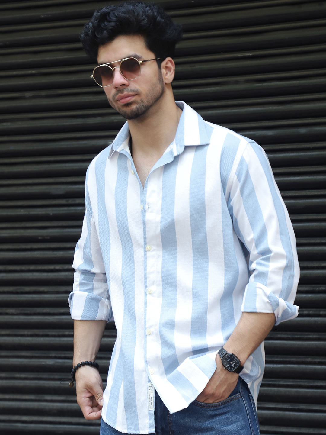 Oaken Espresso Sky Blue Stripe Linen Shirt