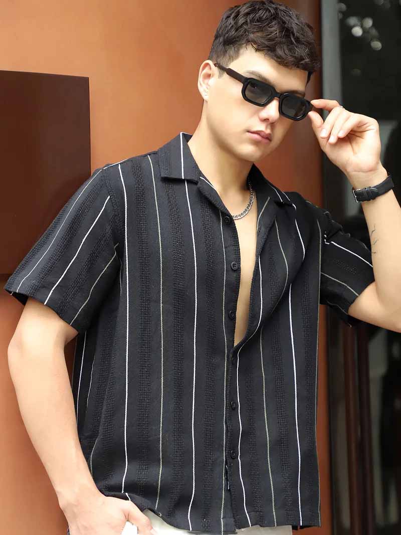 Offbeat Linen Black Half Sleeve Stripe Shirt