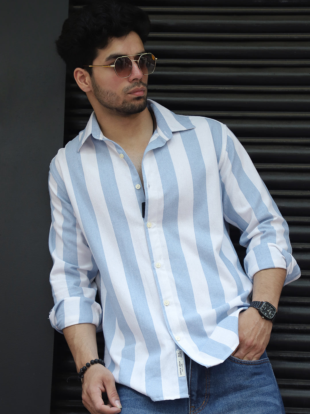 Oaken Espresso Sky Blue Stripe Linen Shirt