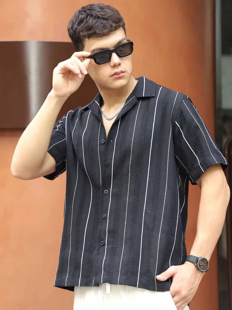 Offbeat Linen Black Half Sleeve Stripe Shirt