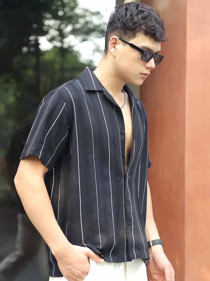 Offbeat Linen Black Half Sleeve Stripe Shirt