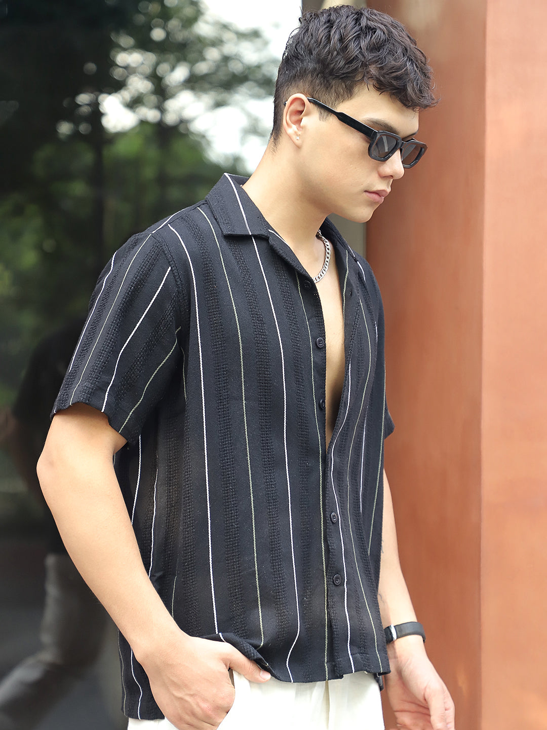 Offbeat Linen Black Half Sleeve Stripe Shirt