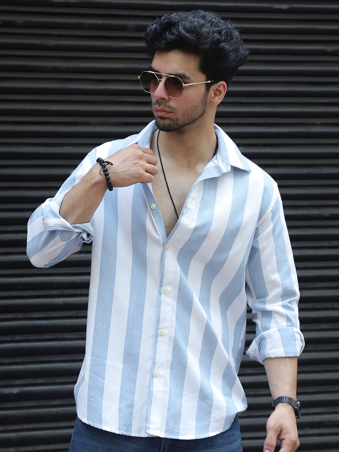 Oaken Espresso Sky Blue Stripe Linen Shirt