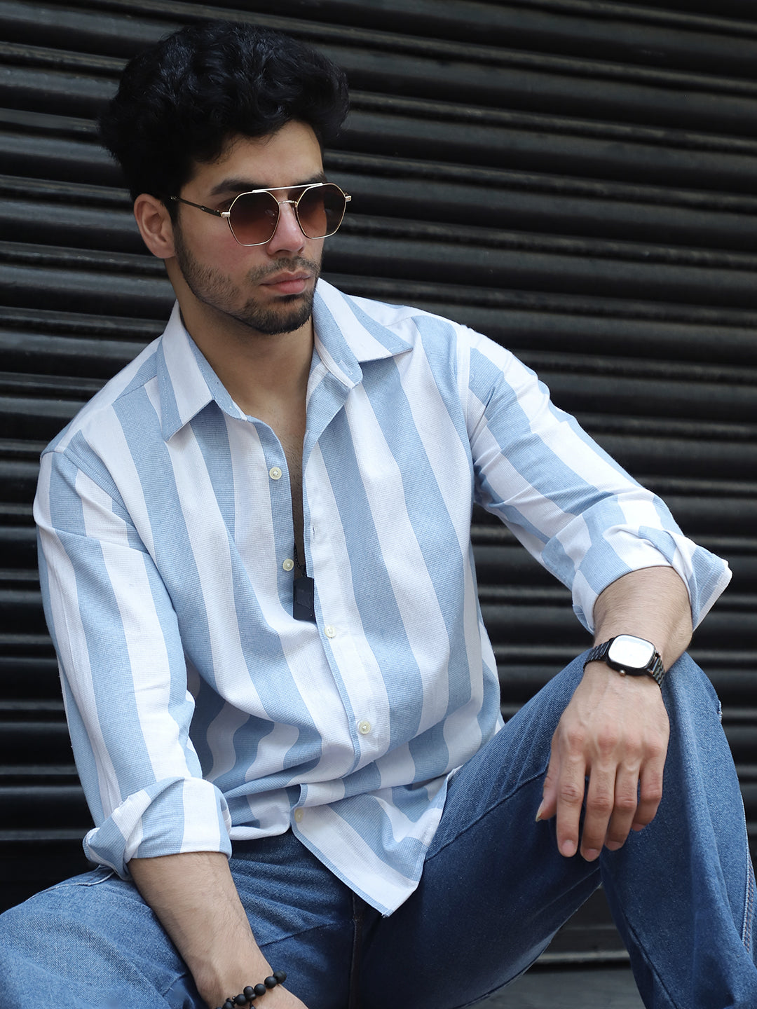Oaken Espresso Sky Blue Stripe Linen Shirt