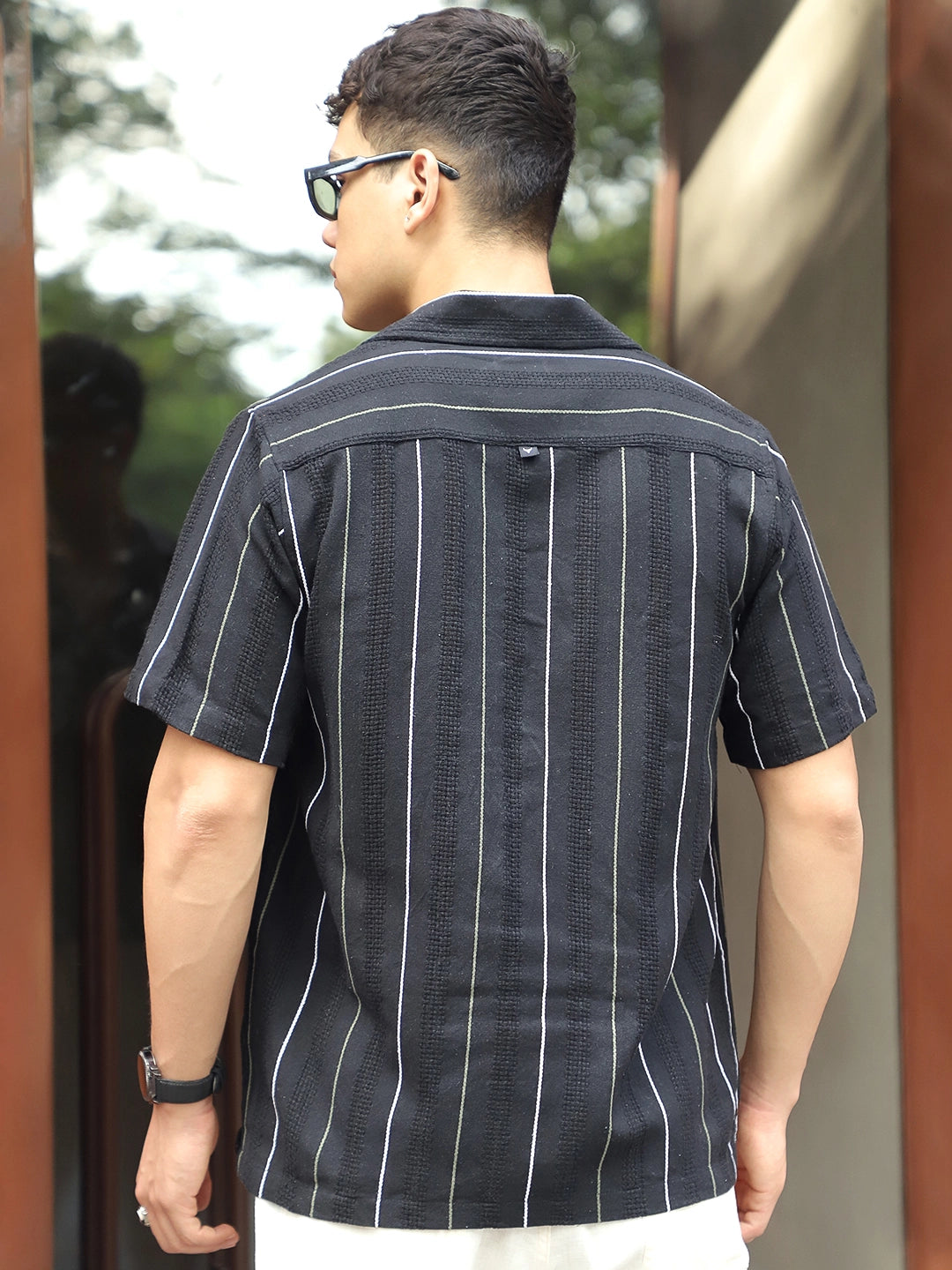 Offbeat Linen Black Half Sleeve Stripe Shirt