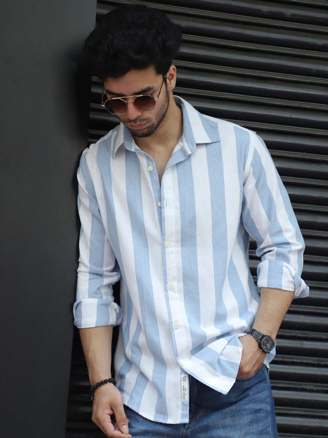Oaken Espresso Sky Blue Stripe Linen Shirt