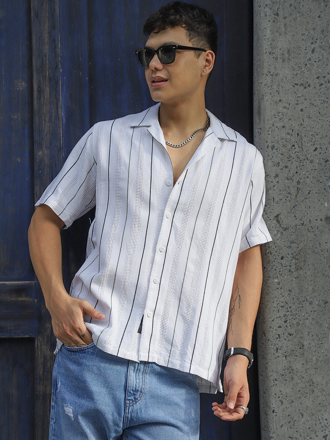 Offbeat Linen White Half Sleeve Stripe Shirt