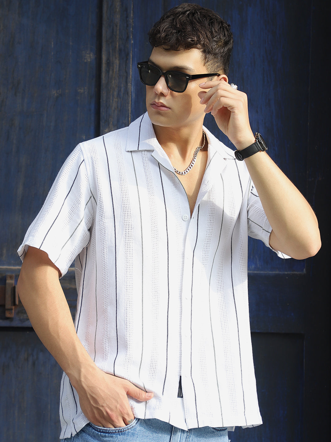Offbeat Linen White Half Sleeve Stripe Shirt