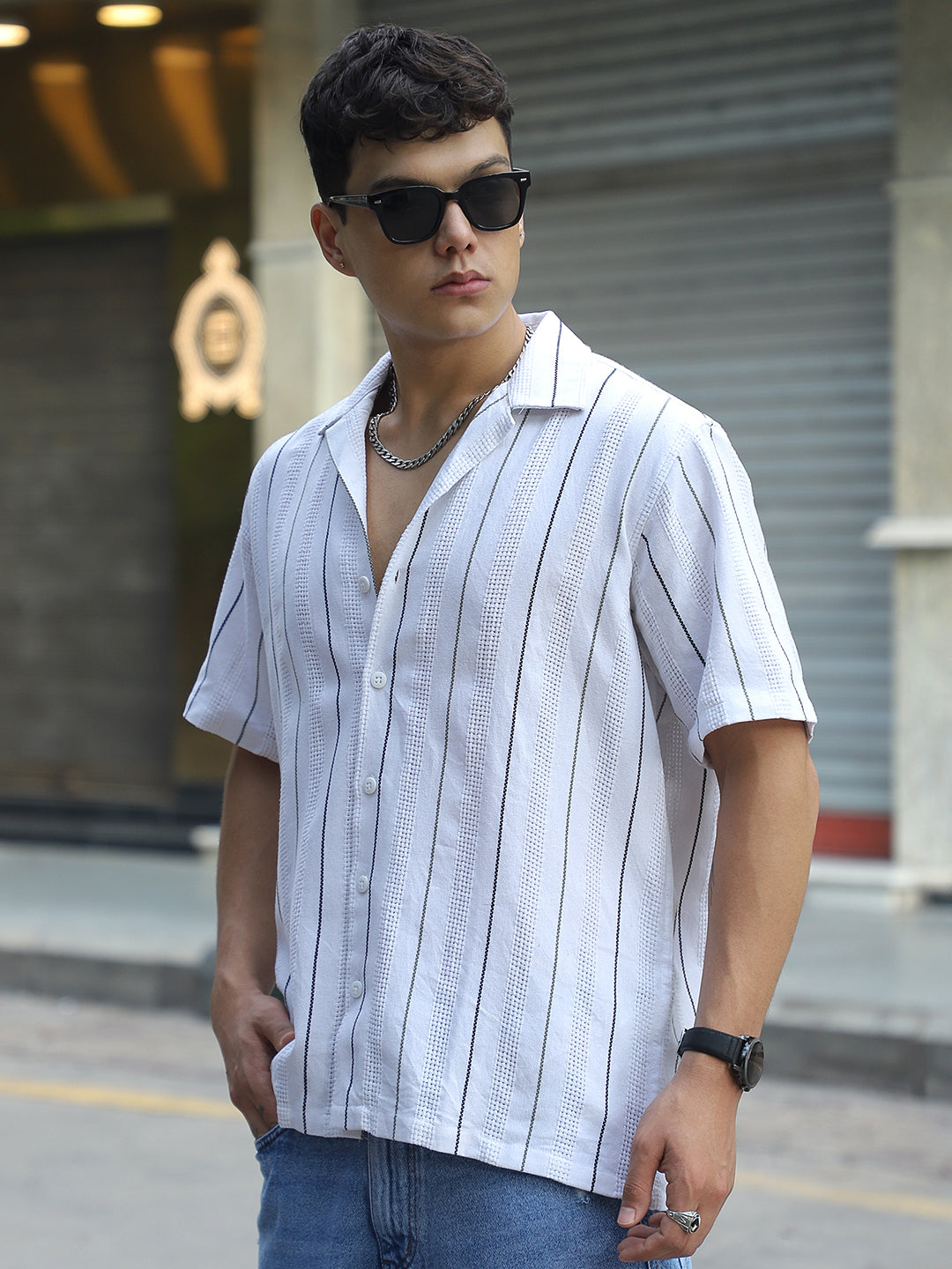 Offbeat Linen White Half Sleeve Stripe Shirt