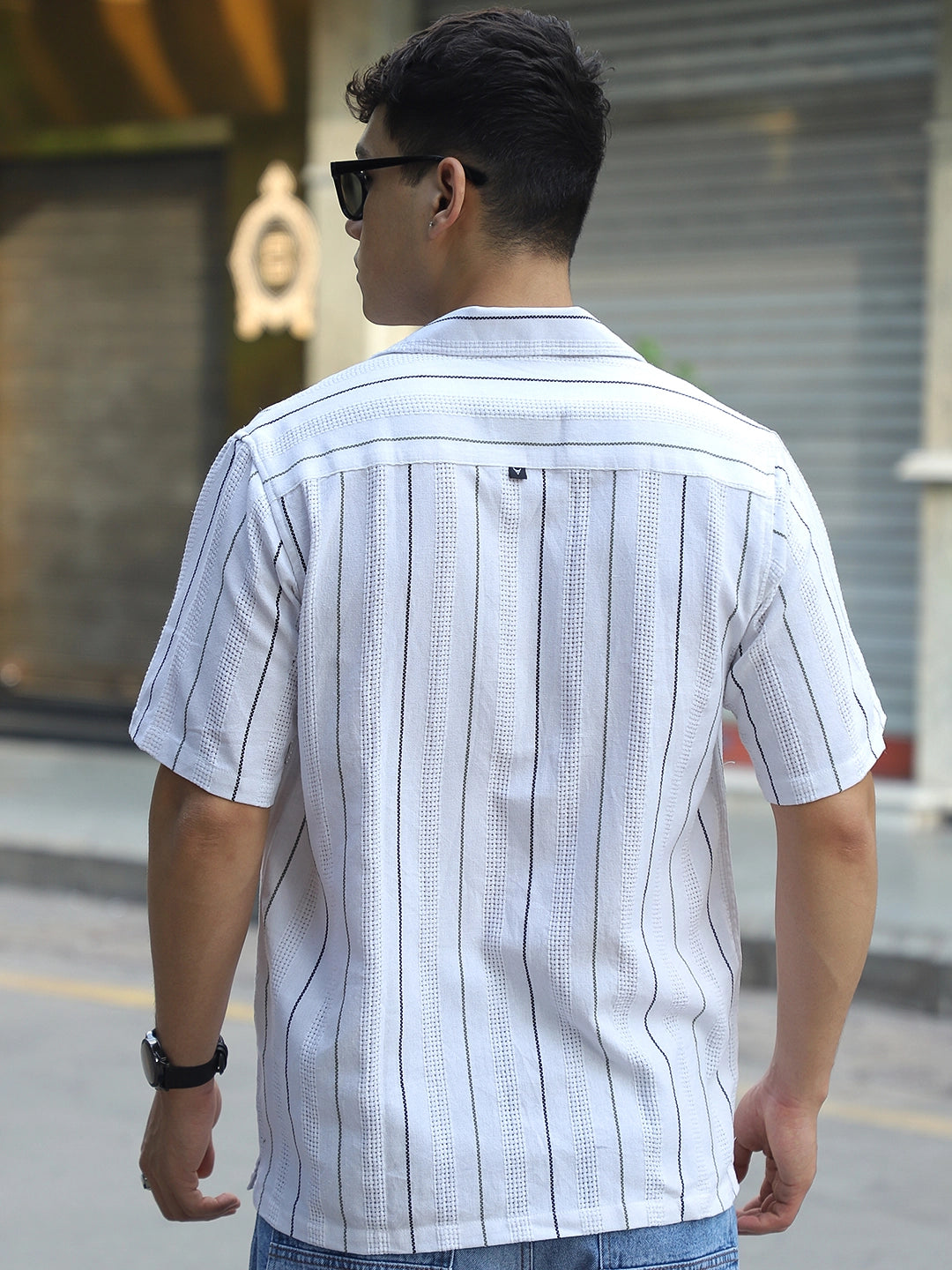 Offbeat Linen White Half Sleeve Stripe Shirt