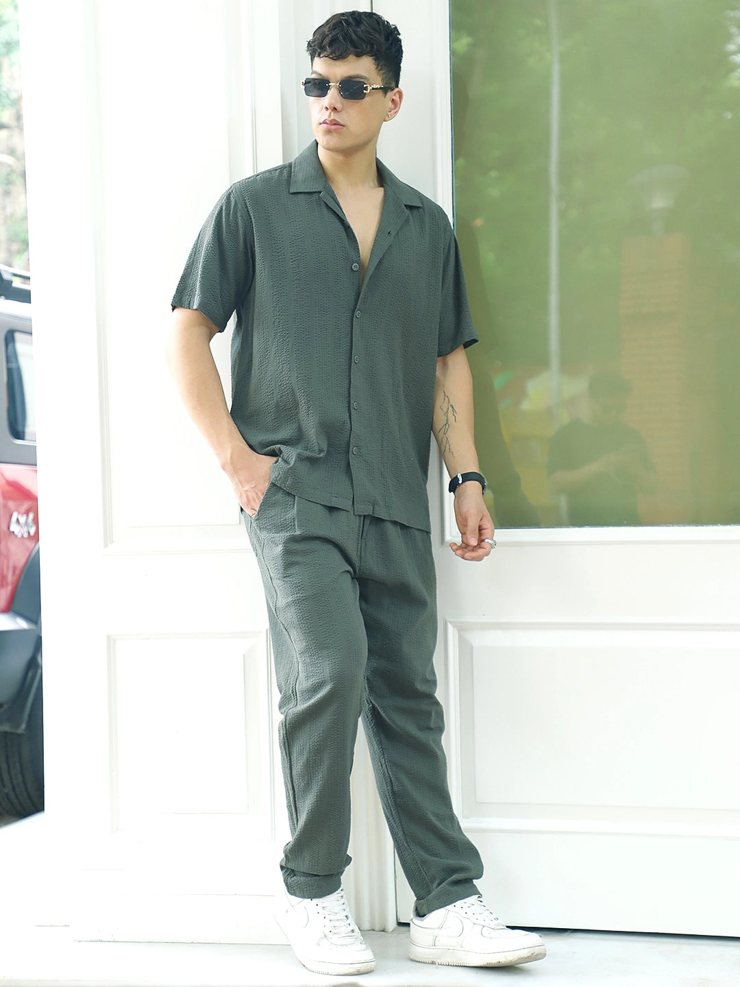 Cloudlines Oiive Green Textured Co Ord Set