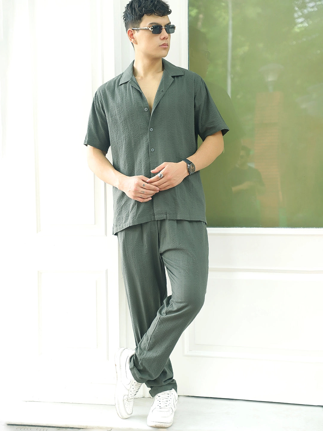 Cloudlines Oiive Green Textured Co Ord Set