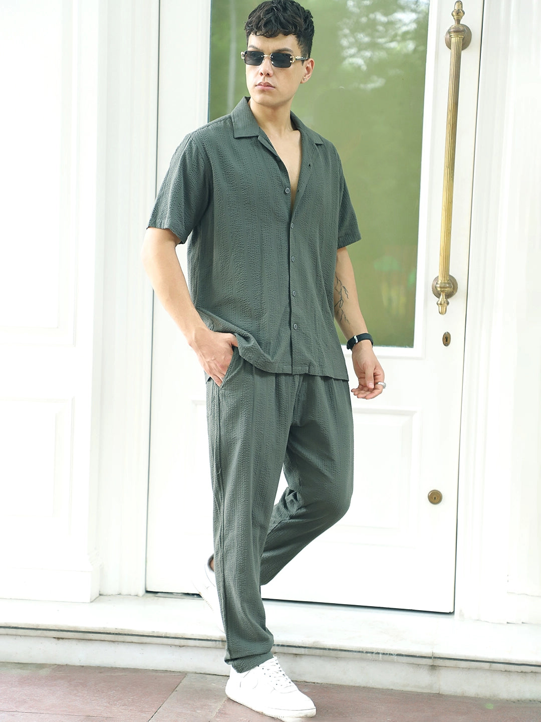 Cloudlines Oiive Green Textured Co Ord Set