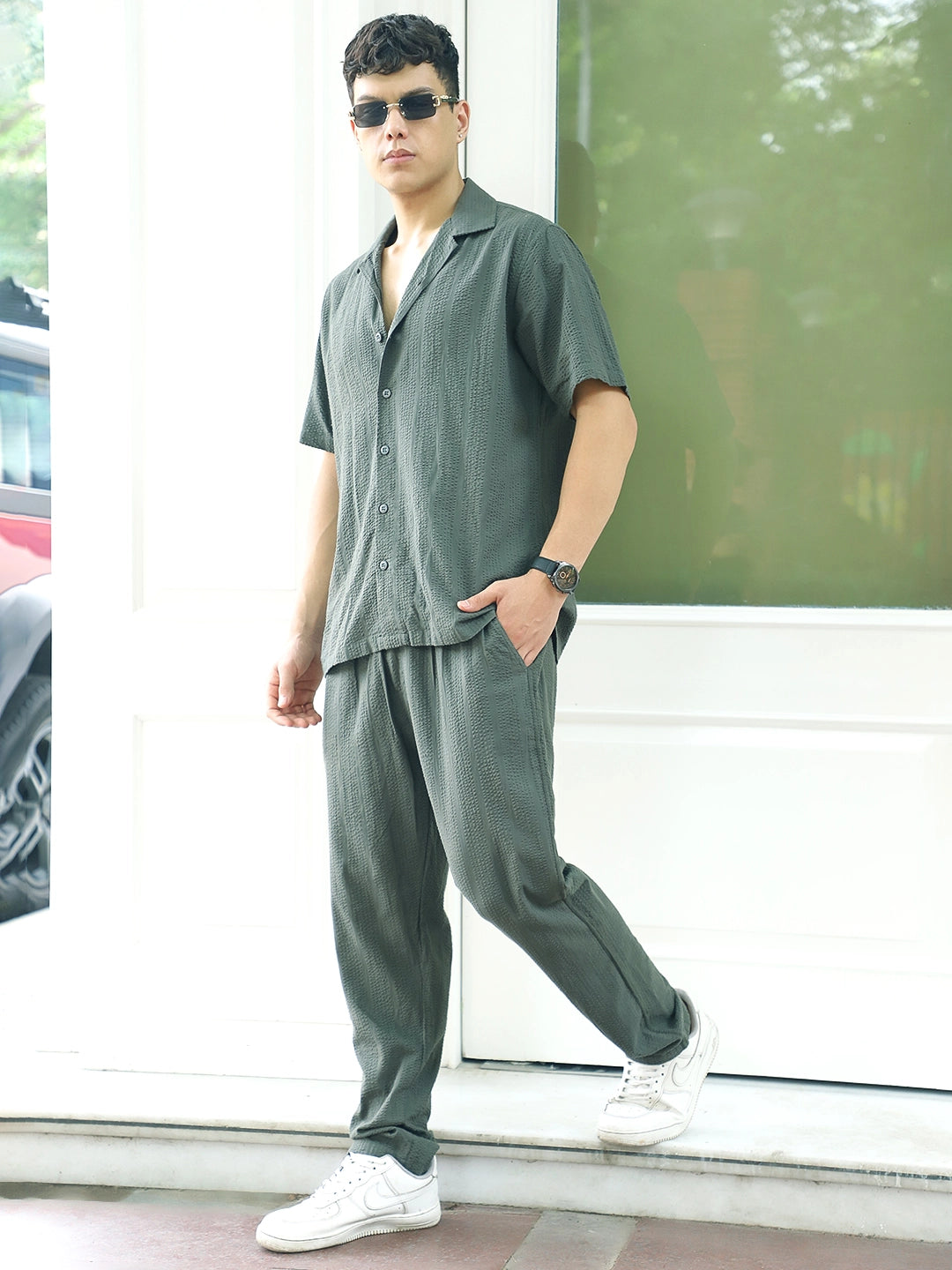Cloudlines Oiive Green Textured Co Ord Set