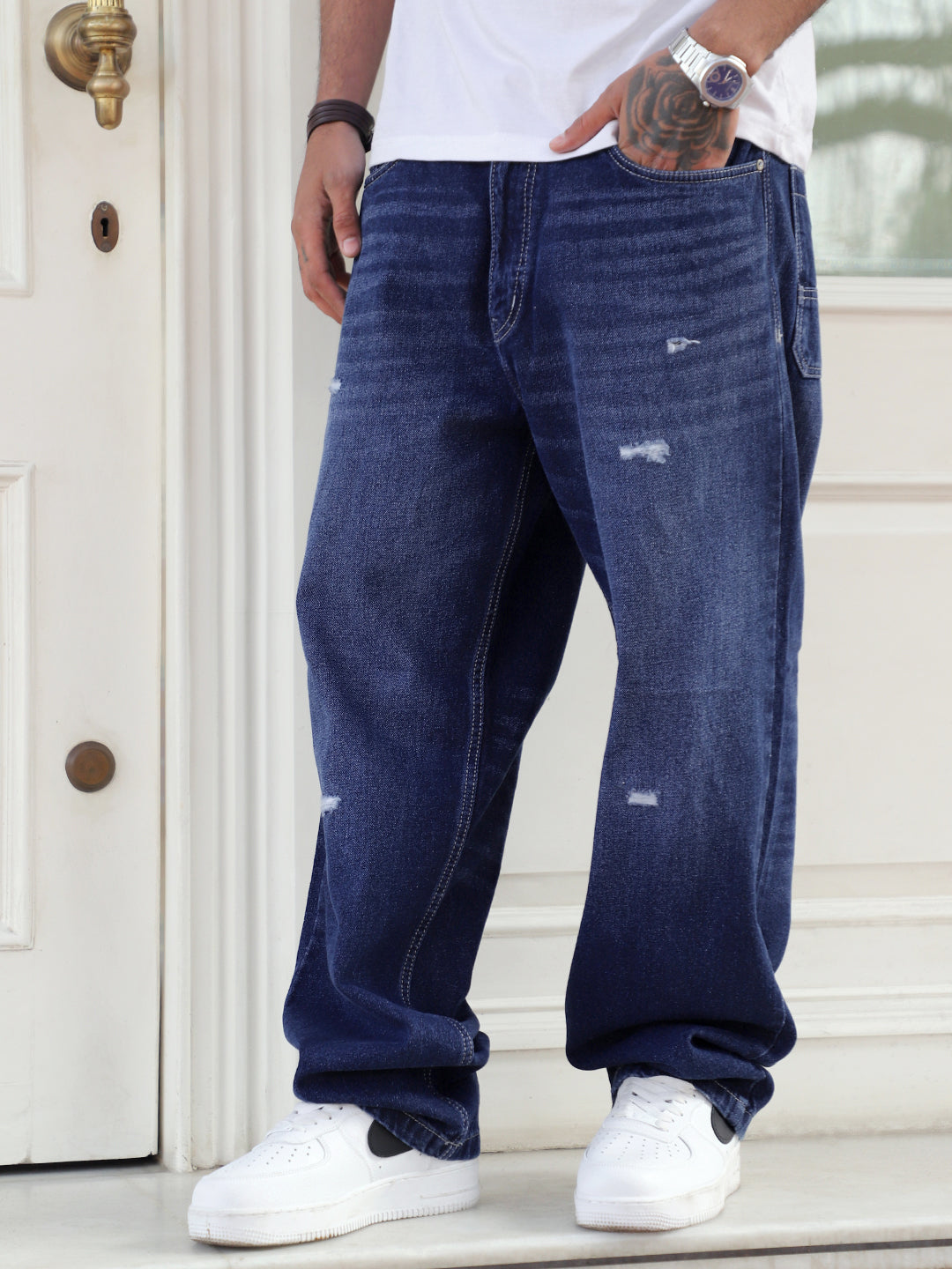 Raw Edge Dark Blue Baggy Fit Jeans