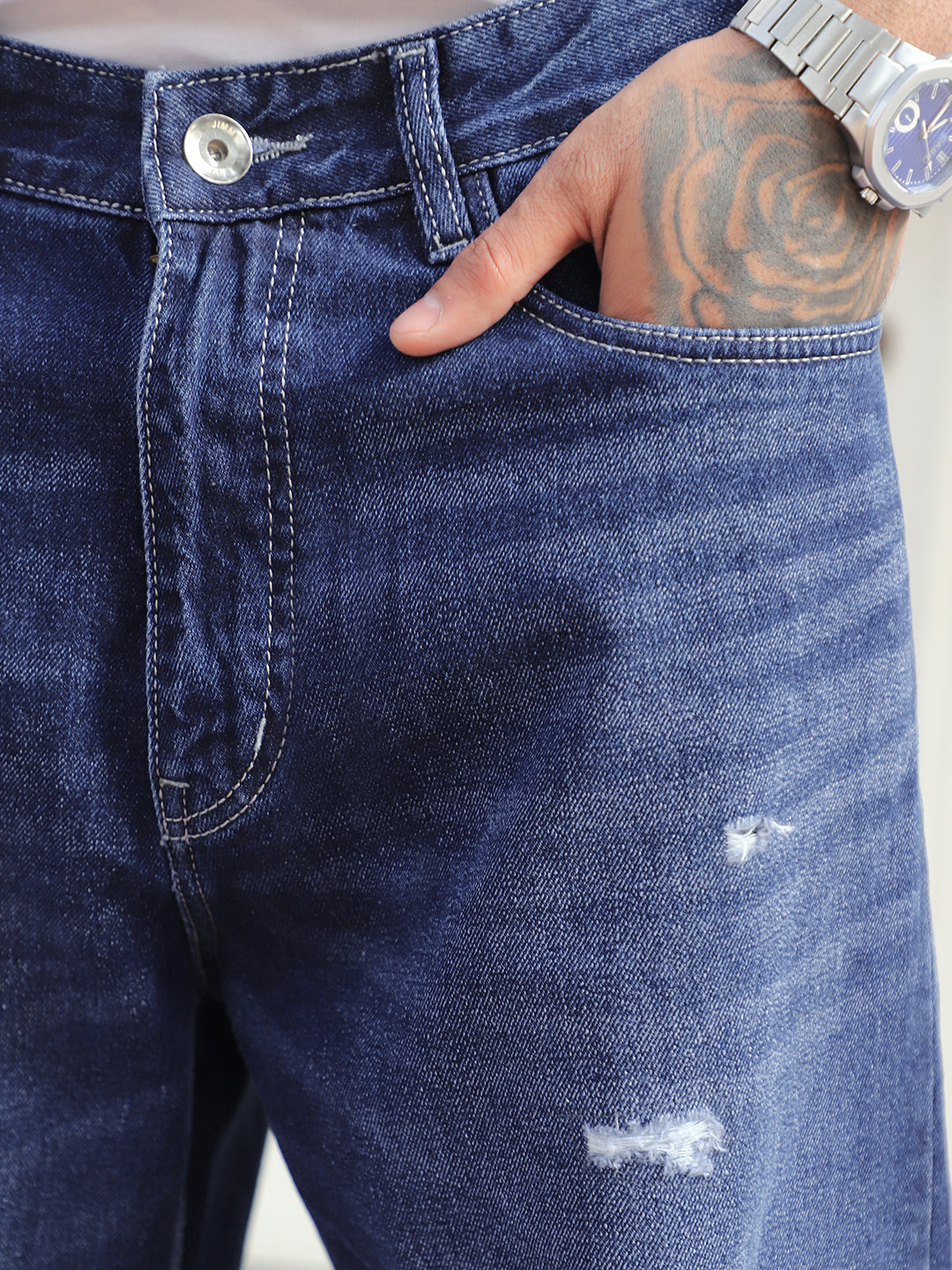 Raw Edge Dark Blue Baggy Fit Jeans
