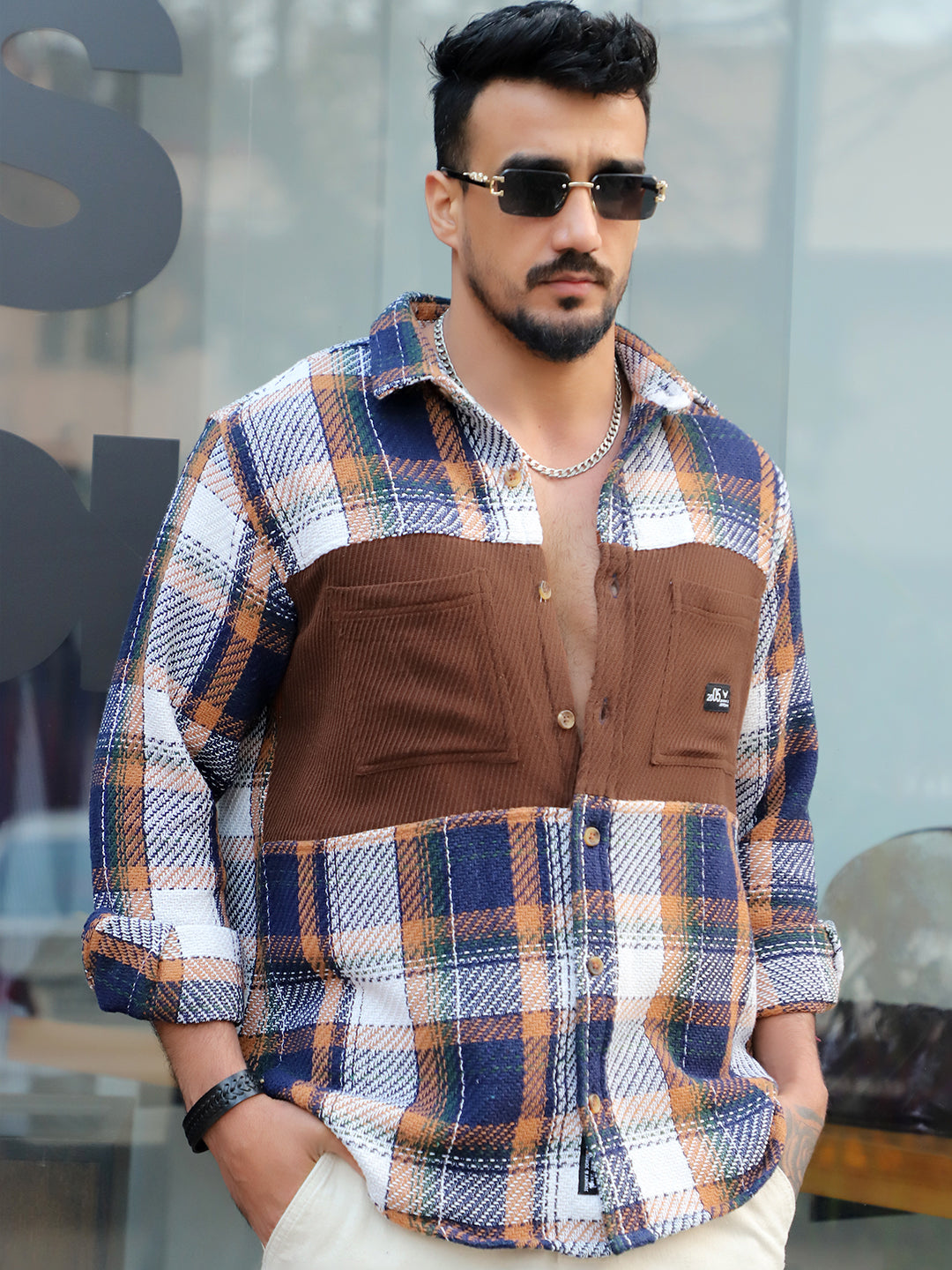 Gravel Room Navy Blue Check Full Sleeve Shirt