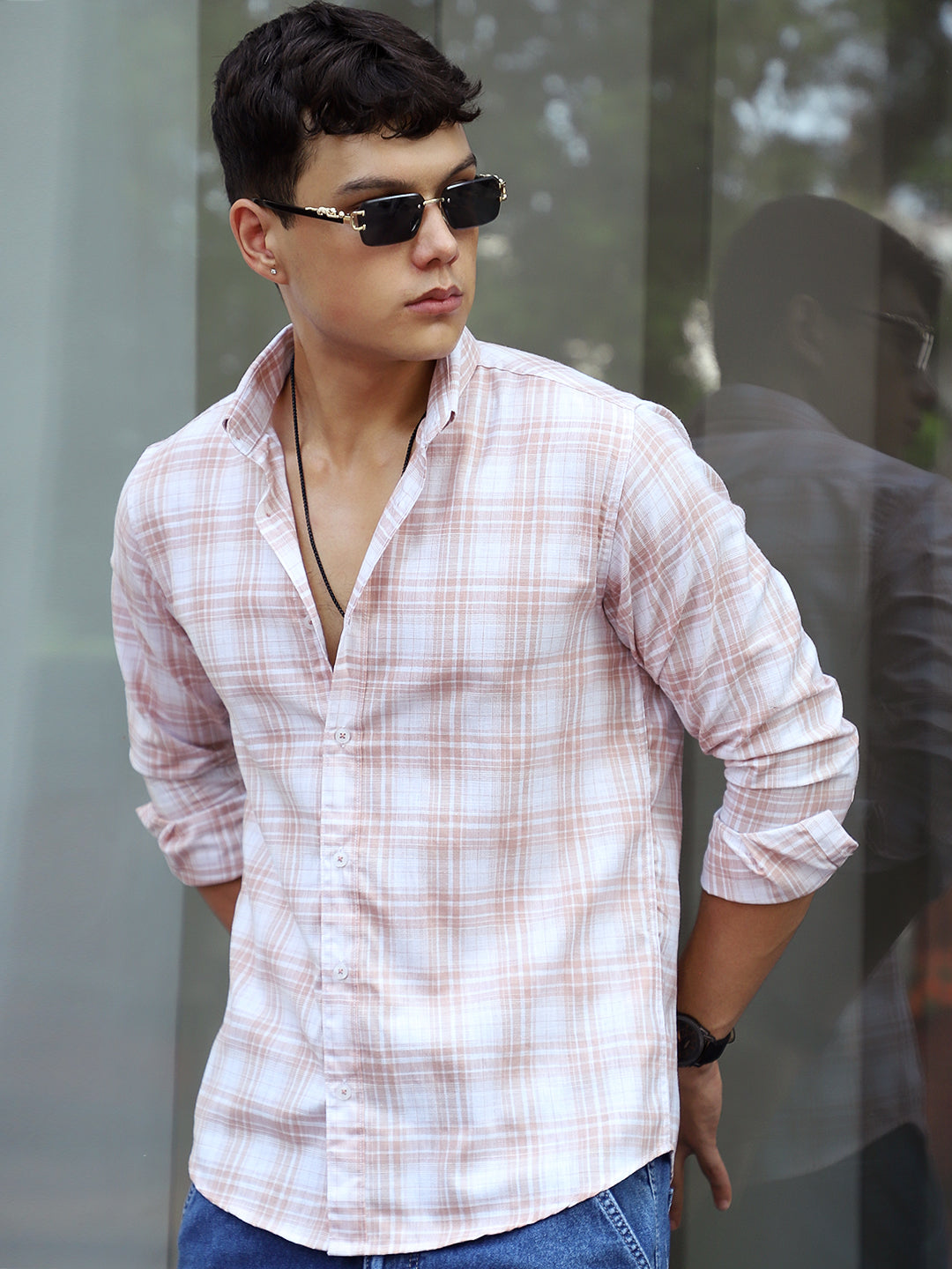 Pelle Fresca Light Brown Check Full Sleeve Shirt