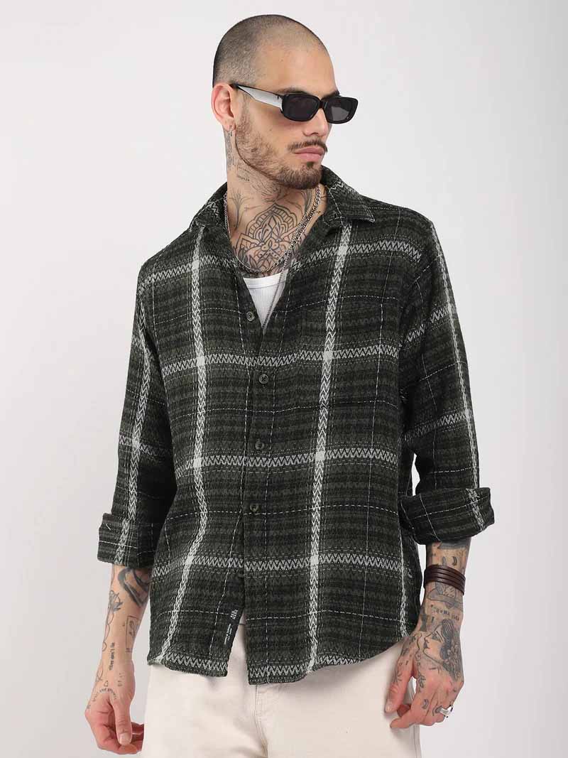 Haring Born Check Military Green & Light Grey Full Sleeve Shirt