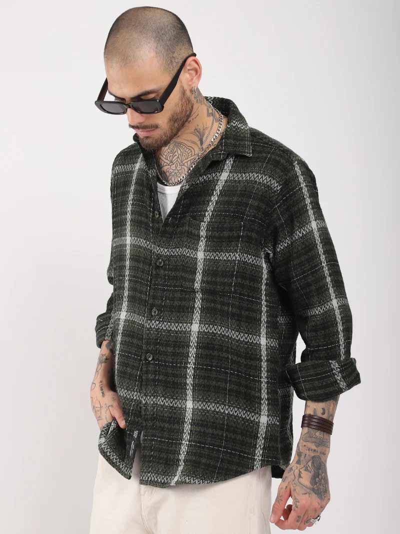 Haring Born Check Military Green & Light Grey Full Sleeve Shirt