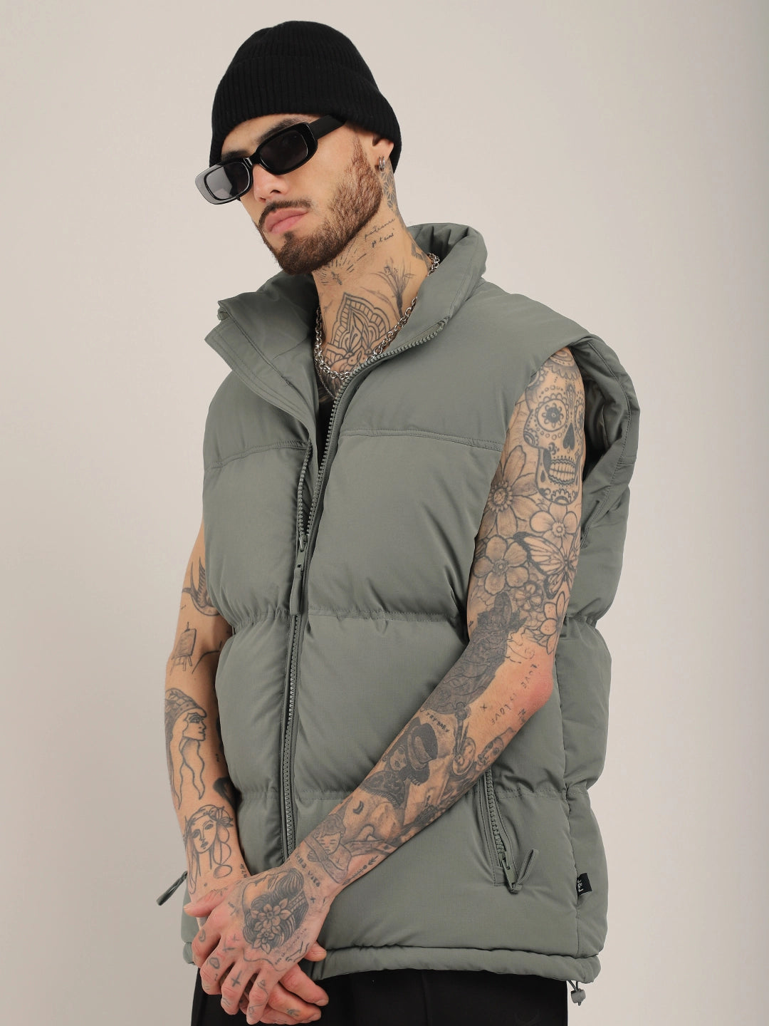 Quilted Gilet Cut Sleeves Grey Puffer Jacket