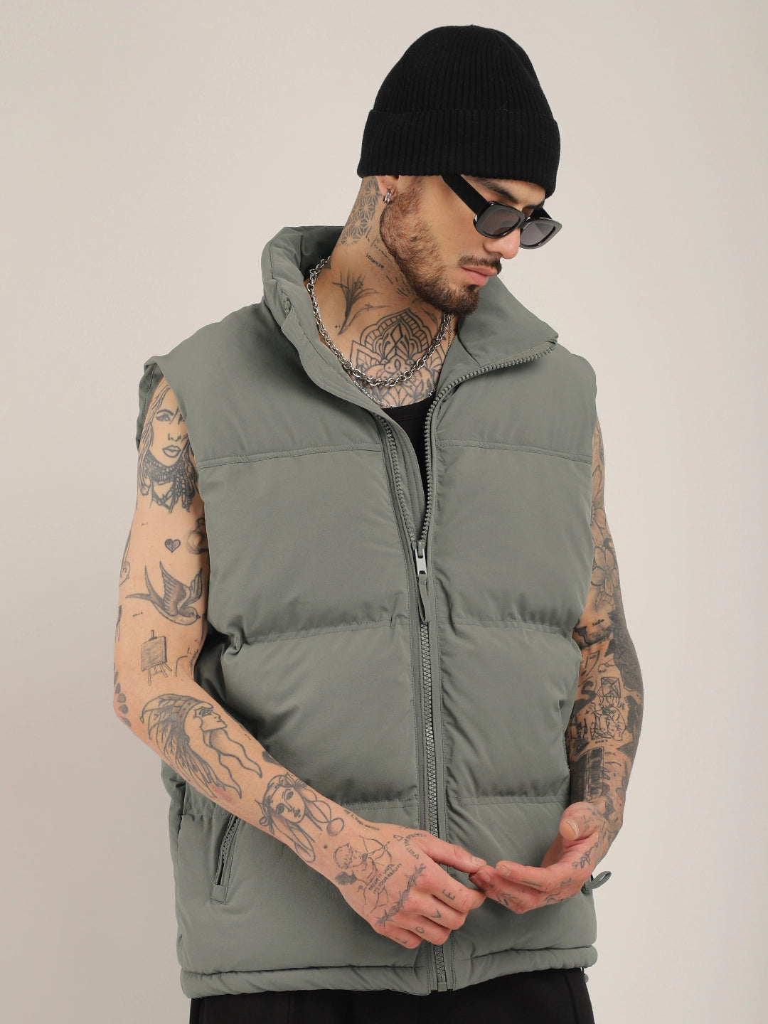 Quilted Gilet Cut Sleeves Grey Puffer Jacket