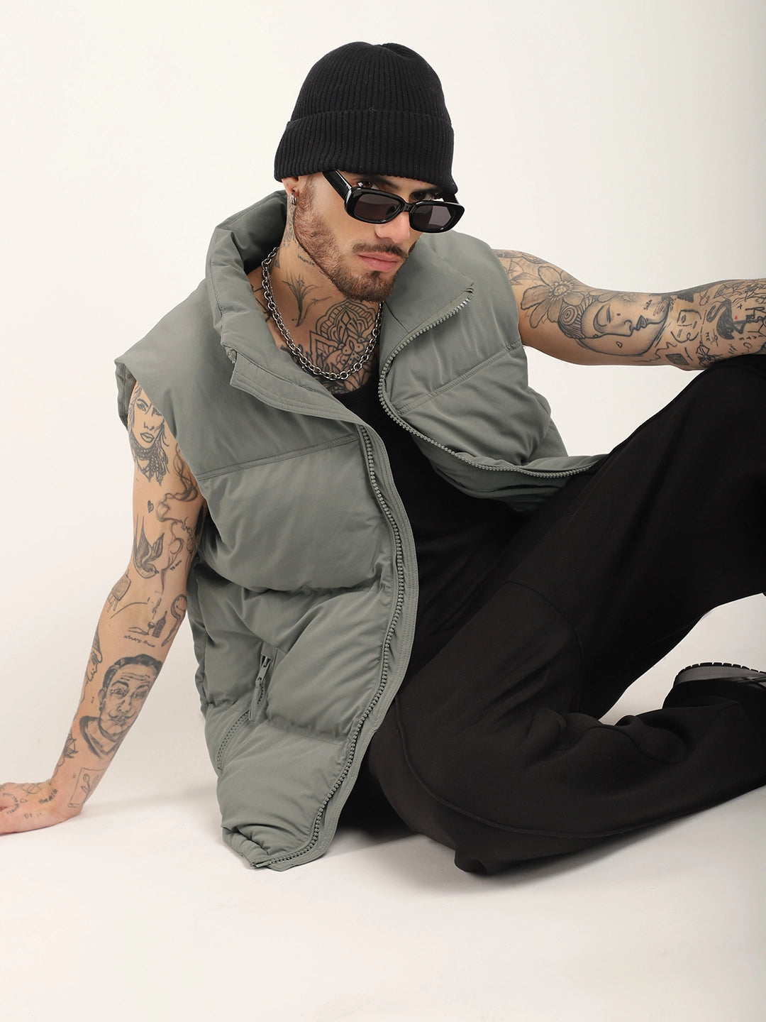 Quilted Gilet Cut Sleeves Grey Puffer Jacket